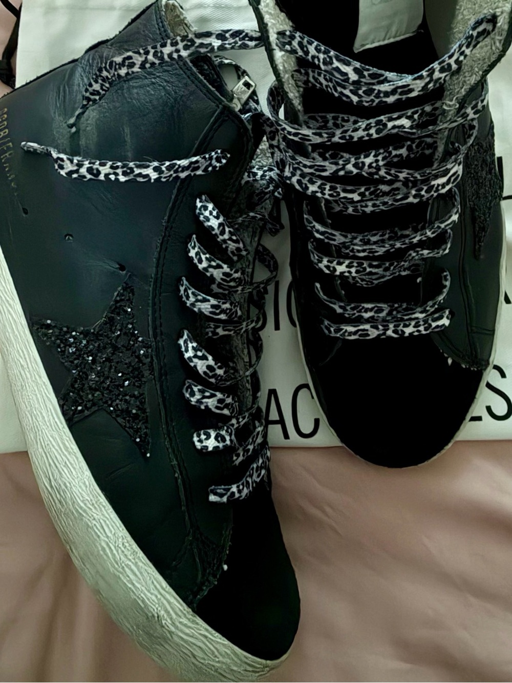 Golden Goose Black Leather & Suede Francys with Snow Leopard Laces